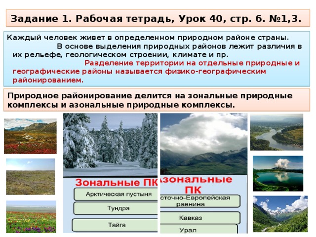 Задание 1. Рабочая тетрадь, Урок 40, стр. 6. №1,3. Каждый человек живет в определенном природном районе страны. В основе выделения природных районов лежит различия в их рельефе, геологическом строении, климате и пр. Разделение территории на отдельные природные и географические районы называется физико-географическим районированием. Природное районирование делится на зональные природные комплексы и азональные природные комплексы. 