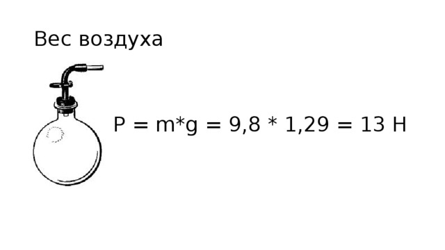 Вес воздуха P = m*g = 9,8 * 1,29 = 13 H 