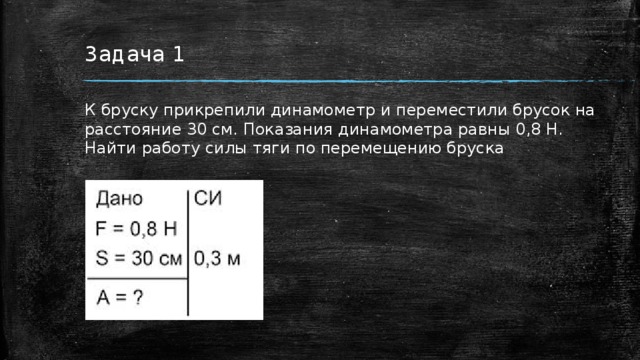 Задача 1 К бруску прикрепили динамометр и переместили брусок на расстояние 30 см. Показания динамометра равны 0,8 Н. Найти работу силы тяги по перемещению бруска 