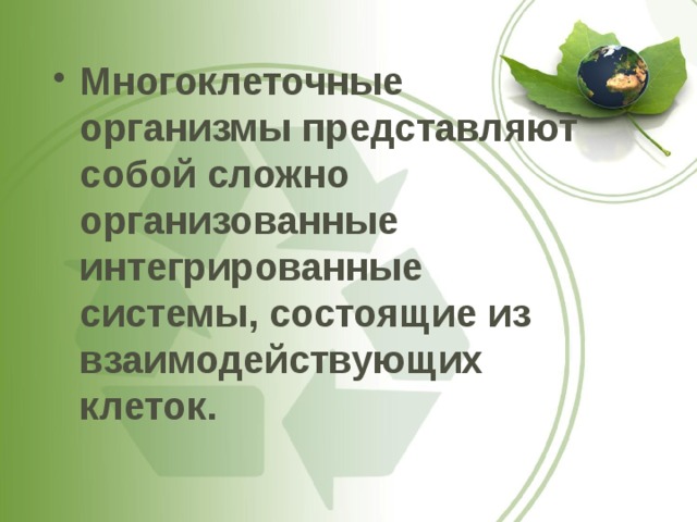 Многоклеточные организмы представляют собой сложно организованные интегрированные системы, состоящие из взаимодействующих клеток. 