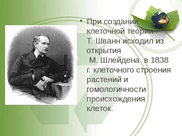 При создании клеточной теории  Т. Шванн исходил из открытия  М. Шлейдена в 1838 г. клеточного строения растений и гомологичности происхождения клеток. 