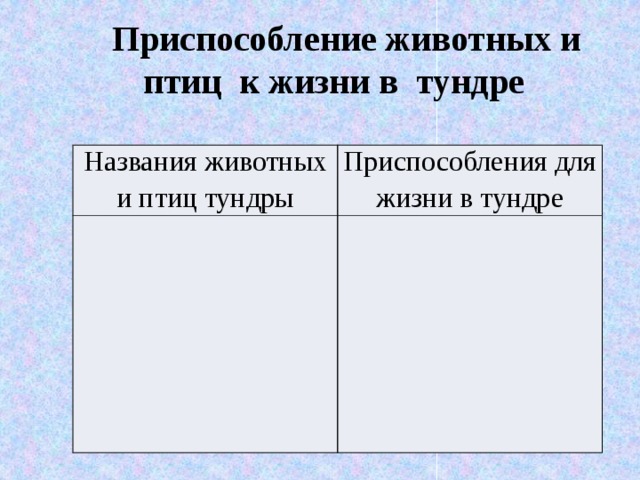   Приспособление животных и птиц к жизни в тундре  Названия животных и птиц тундры Приспособления для жизни в тундре 