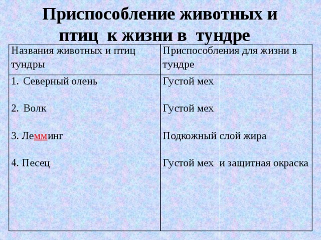  Приспособление животных и птиц к жизни в тундре Названия животных и птиц тундры Приспособления для жизни в тундре Северный олень Густой мех Волк Густой мех 3. Ле мм инг Подкожный слой жира 4. Песец Густой мех и защитная окраска 