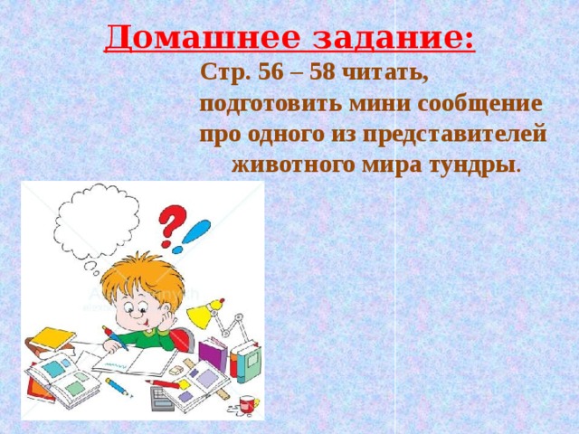 Домашнее задание: Стр. 56 – 58 читать, подготовить мини сообщение про одного из представителей животного мира тундры . 