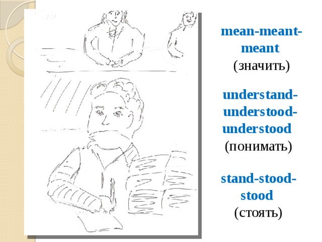 mean-meant-meant (значить)  understand-  understood- understood (понимать) stand-stood-stood (стоять) 