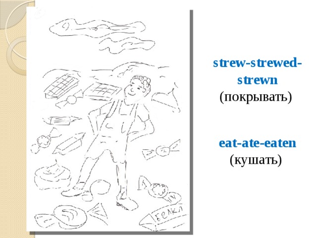 strew-strewed-strewn (покрывать) eat-ate-eaten (кушать) 