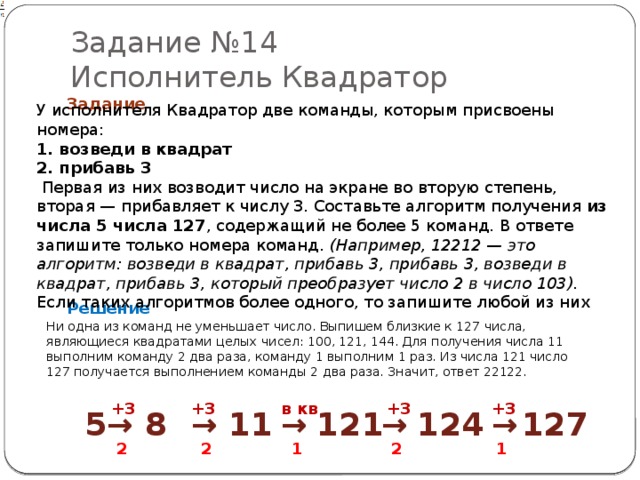 Исполнитель квадратор возведите в квадрат прибавьте 3