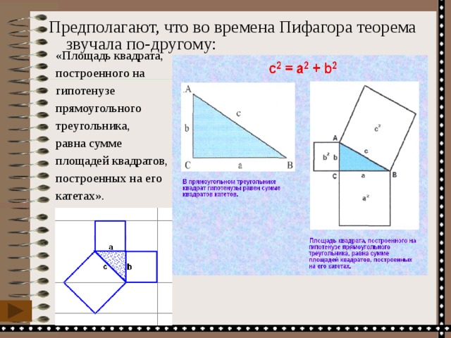Предполагают, что во времена Пифагора теорема звучала по-другому: «Площадь квадрата, построенного на гипотенузе прямоугольного треугольника, равна сумме площадей квадратов, построенных на его катетах».    