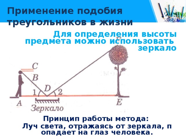 Применение подобия треугольников в жизни Для определения высоты предмета можно использовать зеркало Принцип работы метода: Луч света, отражаясь от зеркала, попадает на глаз человека. 