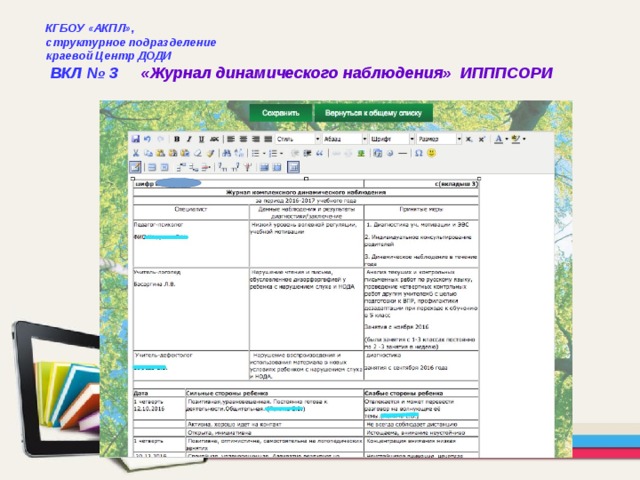 КГБОУ «АКПЛ», структурное подразделение краевой Центр ДОДИ ВКЛ № 3 «Журнал динамического наблюдения» ИПППСОРИ 