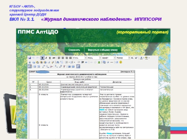 КГБОУ «АКПЛ», структурное подразделение краевой Центр ДОДИ ВКЛ № 3.1. «Журнал динамического наблюдения» ИПППСОРИ  