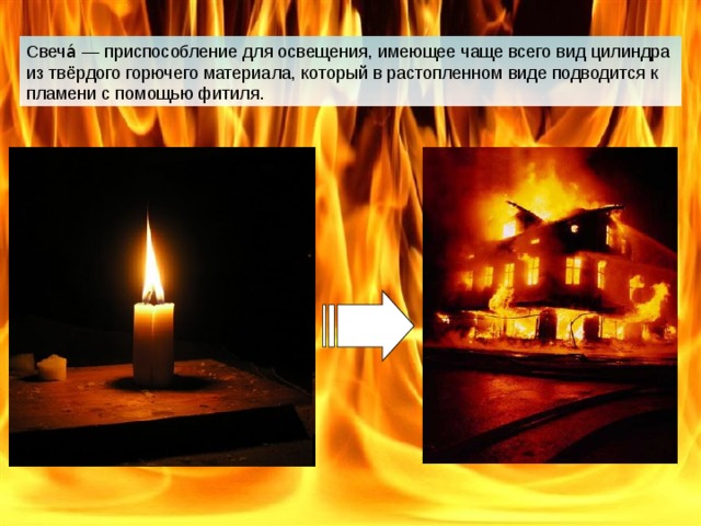 Свеча́ — приспособление для освещения, имеющее чаще всего вид цилиндра из твёрдого горючего материала, который в растопленном виде подводится к пламени с помощью фитиля. 