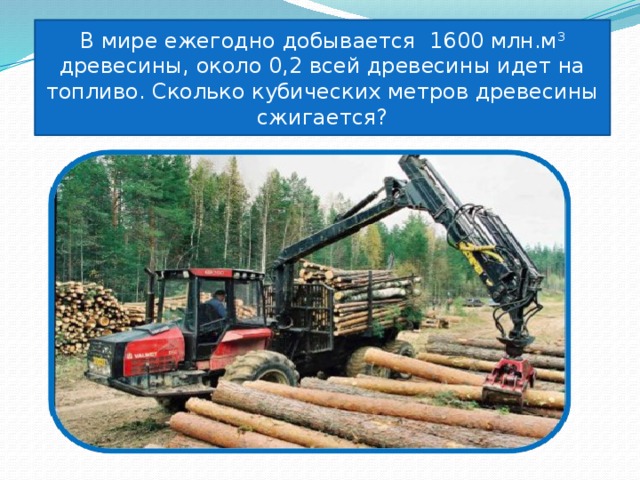 В мире ежегодно добывается 1600 млн.м 3 древесины, около 0,2 всей древесины идет на топливо. Сколько кубических метров древесины сжигается?  