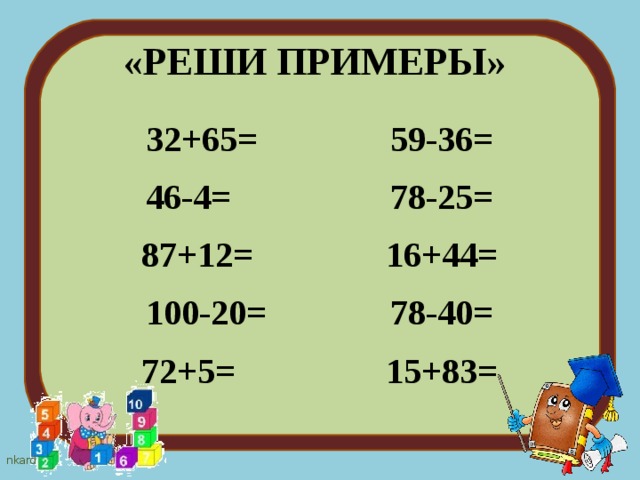 «РЕШИ ПРИМЕРЫ» 32+65= 59-36= 46-4= 78-25= 87+12= 16+44= 100-20= 78-40= 72+5= 15+83=  
