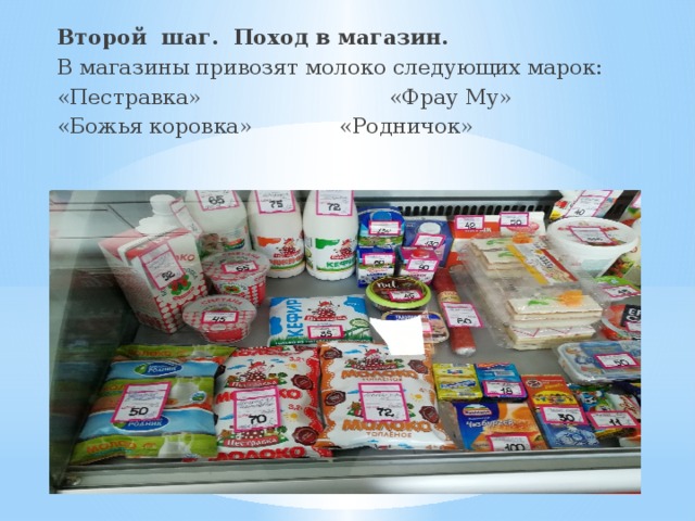 Второй шаг. Поход в магазин. В магазины привозят молоко следующих марок: «Пестравка» «Фрау Му» «Божья коровка» «Родничок» 