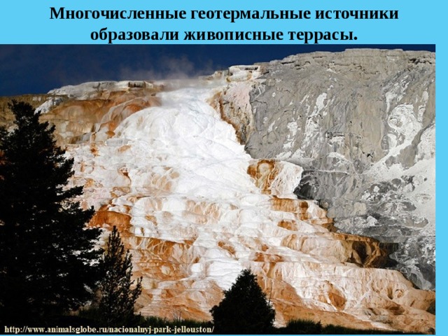Многочисленные геотермальные источники образовали живописные террасы. 