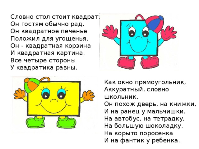  Словно стол стоит квадрат.  Он гостям обычно рад.  Он квадратное печенье  Положил для угощенья.  Он - квадратная корзина  И квадратная картина.  Все четыре стороны  У квадратика равны.  Как окно прямоугольник,  Аккуратный, словно школьник.  Он похож дверь, на книжки,  И на ранец у мальчишки.  На автобус, на тетрадку,  На большую шоколадку.  На корыто поросенка  И на фантик у ребенка. 