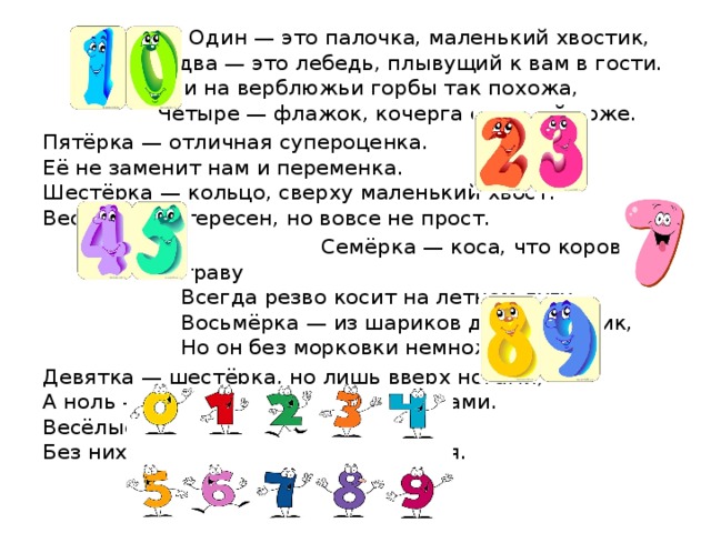  Один — это палочка, маленький хвостик,  А два — это лебедь, плывущий к вам в гости.  Три на верблюжьи горбы так похожа,  Четыре — флажок, кочерга с палкой тоже. Пятёрка — отличная супероценка.  Её не заменит нам и переменка.  Шестёрка — кольцо, сверху маленький хвост.  Весь счёт интересен, но вовсе не прост.  Семёрка — коса, что коровам траву  Всегда резво косит на летнем лугу.  Восьмёрка — из шариков двух снеговик,  Но он без морковки немножко поник. Девятка — шестёрка, но лишь вверх ногами,  А ноль — он овал, что стоит перед нами.  Весёлые цифры — наши друзья.  Без них сосчитать ничего нам нельзя. 