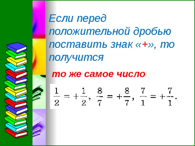 Если перед положительной дробью поставить знак « + », то получится то же самое число  
