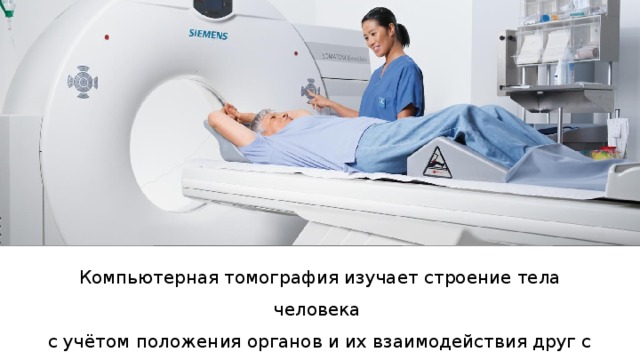 Компьютерная томография изучает строение тела человека с учётом положения органов и их взаимодействия друг с другом. 