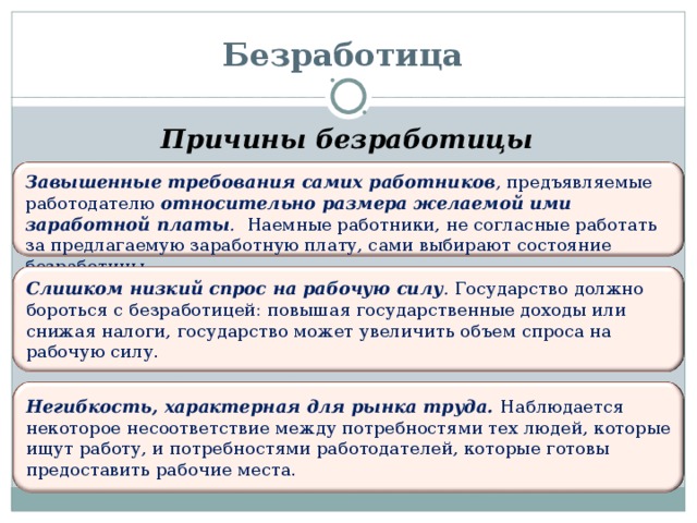 Безработица Причины безработицы  Завышенные требования самих работников , предъявляемые работодателю относительно размера желаемой ими заработной платы . Наемные работники, не согласные работать за предлагаемую заработную плату, сами выбирают состояние безработицы. Слишком низкий спрос на рабочую силу . Государство должно бороться с безработицей: повышая государственные доходы или снижая налоги, государство может увеличить объем спроса на рабочую силу. Негибкость, характерная для рынка труда. Наблюдается некоторое несоответствие между потребностями тех людей, которые ищут работу, и потребностями работодателей, которые готовы предоставить рабочие места. 