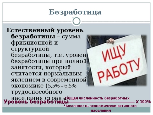 Безработица Естественный уровень безработицы – сумма фрикционной и структурной безработицы, т.е. уровень безработицы при полной занятости, который считается нормальным явлением в современной экономике ( 5,5% - 6,5% трудоспособного населения страны). Общая численность безработных Уровень безработицы = Х  100% Численность экономически активного населения 