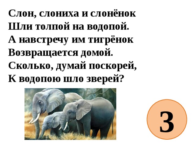 Слон, слониха и слонёнок  Шли толпой на водопой.  А навстречу им тигрёнок  Возвращается домой.  Сколько, думай поскорей,  К водопою шло зверей? 3 