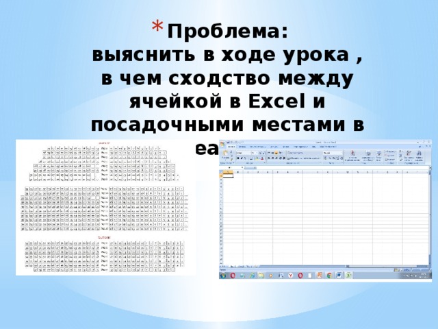 Проблема:  выяснить в ходе урока , в чем сходство между ячейкой в Excel и посадочными местами в театре 