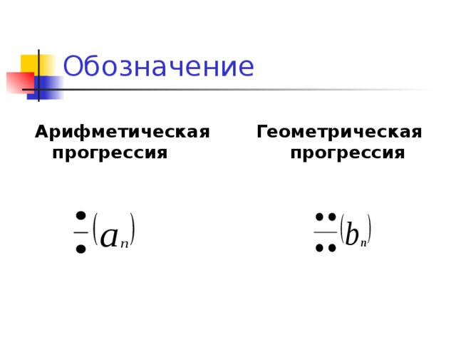 Обозначение Арифметическая прогрессия Геометрическая прогрессия 