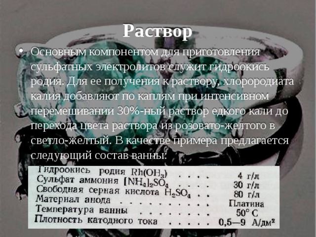 Раствор Основным компонентом для приготовления сульфатных электролитов служит гидроокись родия. Для ее получения к раствору, хлорородиата калия добавляют по каплям при интенсивном перемешивании 30%-ный раствор едкого кали до перехода цвета раствора из розовато-желтого в светло-желтый. В качестве примера предлагается следующий состав ванны: 