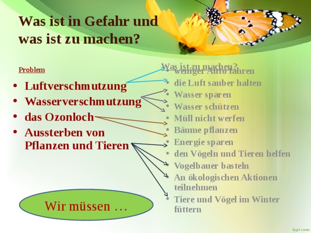 Was ist in Gefahr und  was ist zu machen?  Was ist zu machen?   Problem  weniger Auto fahren die Luft sauber halten Wasser sparen Wasser schützen Müll nicht werfen Bäume pflanzen Energie sparen den Vögeln und Tieren helfen Vogelbauer basteln An ökologischen Aktionen teilnehmen Tiere und Vögel im Winter füttern      Luftverschmutzung Wasserverschmutzung das Ozonloch Aussterben von Pflanzen und Tieren Wir müssen … 