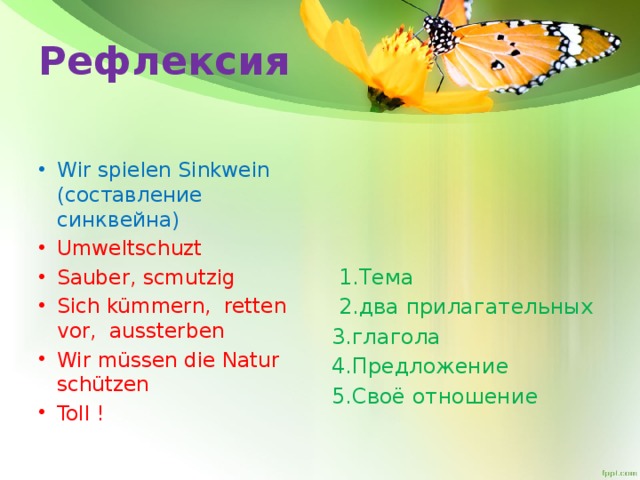 Рефлексия Wir spielen Sinkwein (составление синквейна) Umweltschuzt Sauber, scmutzig Sich kümmern, retten vor, aussterben Wir müssen die Natur schützen Toll !  1.Тема  2.два прилагательных 3.глагола 4.Предложение 5.Своё отношение 