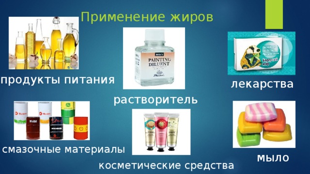 Применение жиров продукты питания лекарства растворитель смазочные материалы мыло косметические средства 