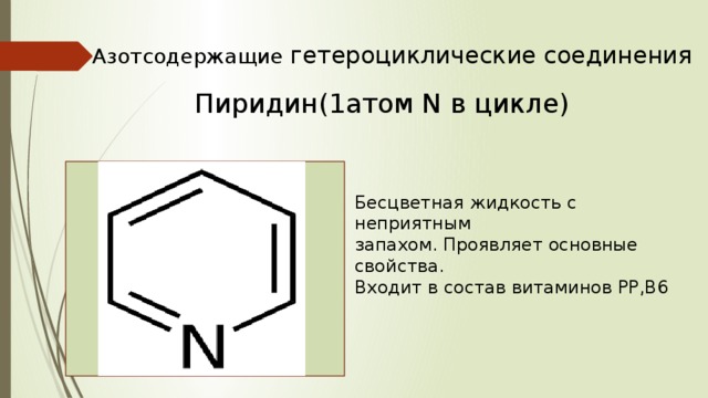 Азотсодержащие гетероциклические соединения Пиридин(1атом N в цикле) Бесцветная жидкость с неприятным запахом. Проявляет основные свойства. Входит в состав витаминов РР,В6 