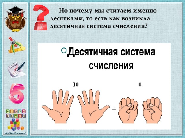 Но почему мы считаем именно десятками, то есть как возникла десятичная система счисления?   