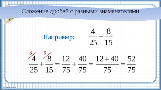 Сложение дробей с разными знаменателями Например: 3 5 НОК(25;15)=3∙5∙5=75 