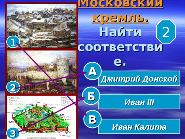 Московский  кремль.  Найти  соответствие. 2 1 А Дмитрий Донской 2 Б Иван III В Иван Калита 3 