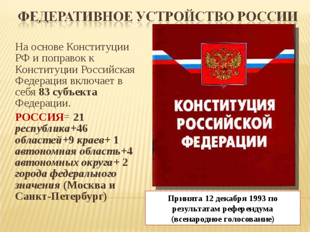 На основе Конституции РФ и поправок к Конституции Российская Федерация включает в себя 83 субъекта Федерации. РОССИЯ = 21 республика +46 областей +9 краев + 1 автономная область +4 автономных округа + 2 города федерального значения (Москва и Санкт-Петербург) ) Принята 12 декабря 1993 по результатам референдума (всенародное голосование) 22 