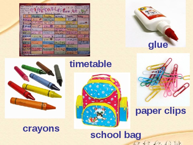 glue timetable paper clips crayons school bag 