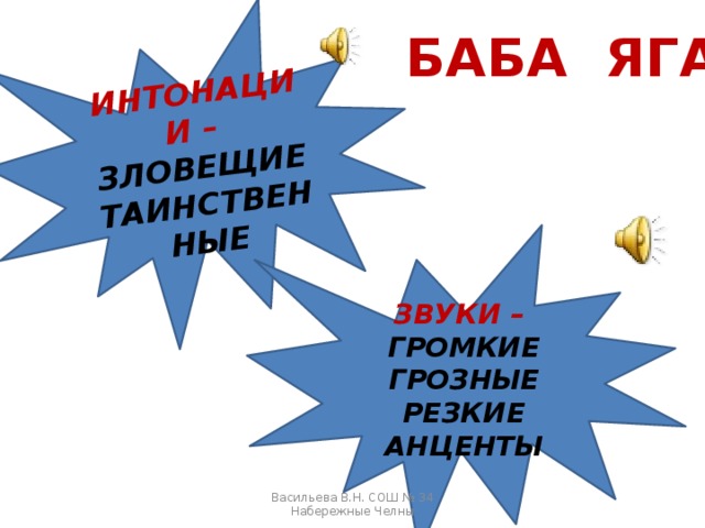 ИНТОНАЦИИ –  ЗЛОВЕЩИЕ ТАИНСТВЕННЫЕ БАБА ЯГА ЗВУКИ – ГРОМКИЕ ГРОЗНЫЕ РЕЗКИЕ АНЦЕНТЫ Васильева В.Н. СОШ № 34 Набережные Челны 