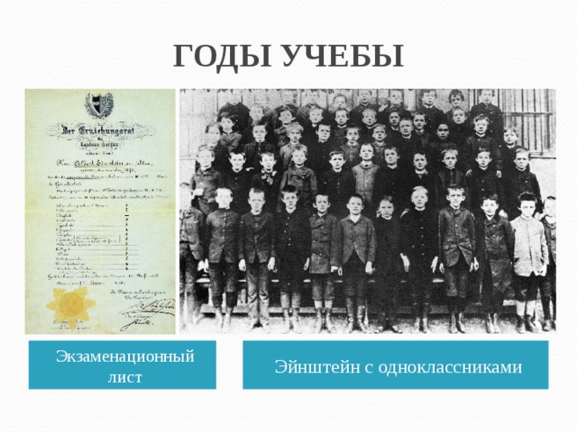 ГОДЫ УЧЕБЫ Экзаменационный лист Эйнштейн с одноклассниками 