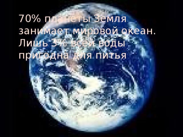 70% планеты Земля занимает мировой океан.  Лишь 3% всей воды пригодна для питья 