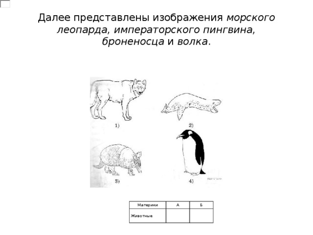 Далее представлены изображения  морского леопарда, императорского пингвина, броненосца  и  волка . Материки A Животные Б 