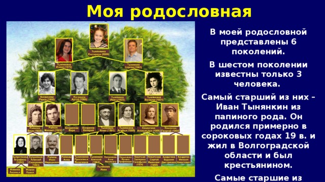 Моя родословная В моей родословной представлены 6 поколений. В шестом поколении известны только 3 человека. Самый старший из них – Иван Тынянкин из папиного рода. Он родился примерно в сороковых годах 19 в. и жил в Волгоградской области и был крестьянином. Самые старшие из маминого рода Фомины Аксинья и Павел жили в Московской области и были крестьянами. 
