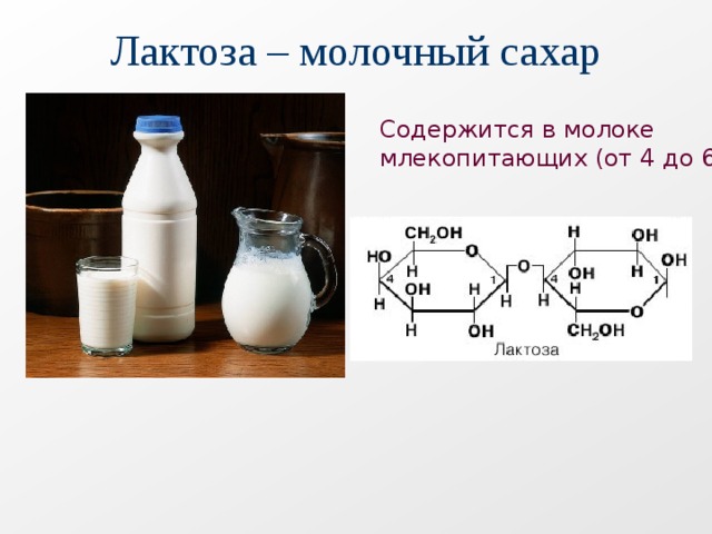 Лактоза – молочный сахар Содержится в молоке млекопитающих (от 4 до 6%) 