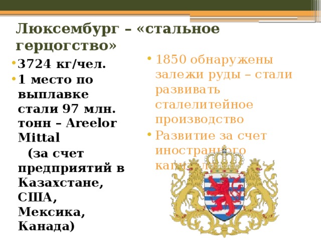 Люксембург – «стальное герцогство» 1850 обнаружены залежи руды – стали развивать сталелитейное производство Развитие за счет иностранного капитала 3724 кг/чел. 1 место по выплавке стали 97 млн. тонн – Areelor Mittal  (за счет предприятий в Казахстане, США, Мексика, Канада) 