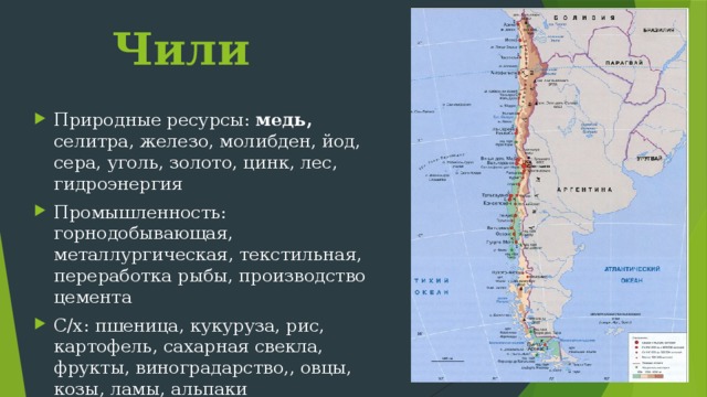 Аргентина До 1816 г. экономически слаборазвитая окраина Испанской колониальной империи. Мало населения, поощрение иммиграции начало 20 века – одна из самых богатых стран Бренд Аргентины - Мраморная говядина Развита добыча нефти, газа, урана, руд черных и цветным металлов, серы, мрамора, гранита. Промышленность: химическая, пищевая, легкая, металлургия, энергетика, с/х и транспортное машиностроение С/х: пшеница, кукуруза, соя, виноград, КРС (6-е м. мире по поголовью ), овцы 