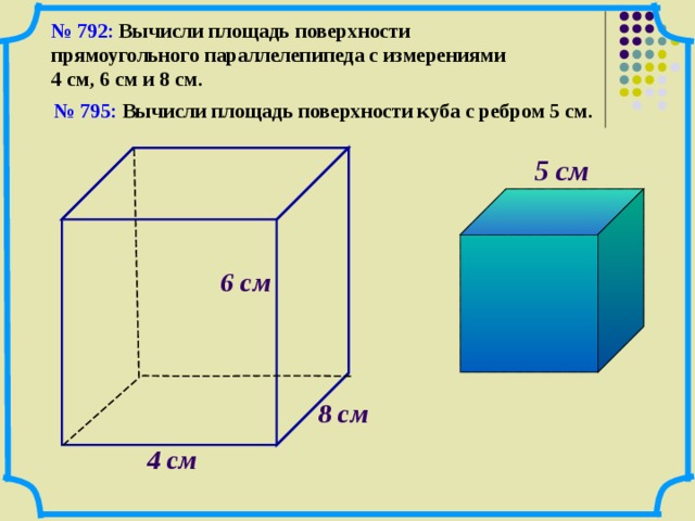 № 792: Вычисли площадь поверхности прямоугольного параллелепипеда с измерениями 4 см, 6 см и 8 см. № 795: Вычисли площадь поверхности куба с ребром 5 см. 5 см  6 см  8 см  4 см  22 