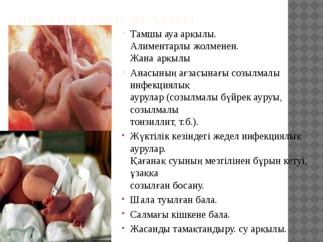 Індеттің таралу жолдары:   Тамшы ауа арқылы.  Алиментарлы жолменен.  Жана  арқылы Анасының ағзасынағы созылмалы инфекциялық  аурулар (созылмалы бүйрек ауруы, созылмалы  тонзиллит, т.б.). Жүктілік кезіндегі жедел инфекциялық аурулар.  Қағанақ суының мезгілінен бұрын кетуі, ұзаққа  созылған босану. Шала туылған бала. Салмағы кішкене бала. Жасанды тамақтандыру. су арқылы. 