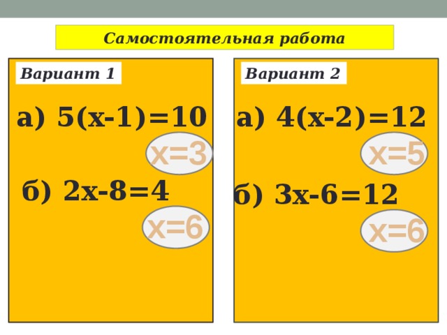 Cамостоятельная работа Вариант 1 Вариант 2 a) 5(x-1)=10 a) 4(x-2)=12 x=3 x=5 б) 2x-8=4 б) 3x-6=12 x=6 x=6 